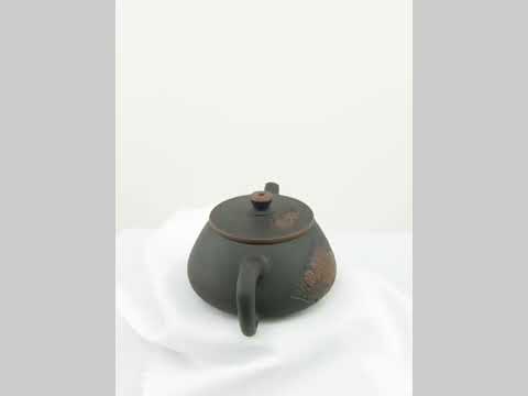 360° rotating view of handcrafted clay teapot No.23 with Bodhi pattern and peony relief design