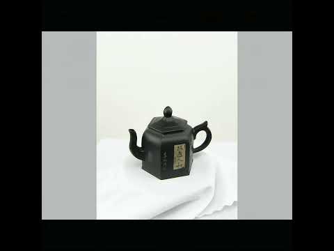 360° rotating view of PorSva No.57 hexagonal Jianshui clay calligraphy teapot