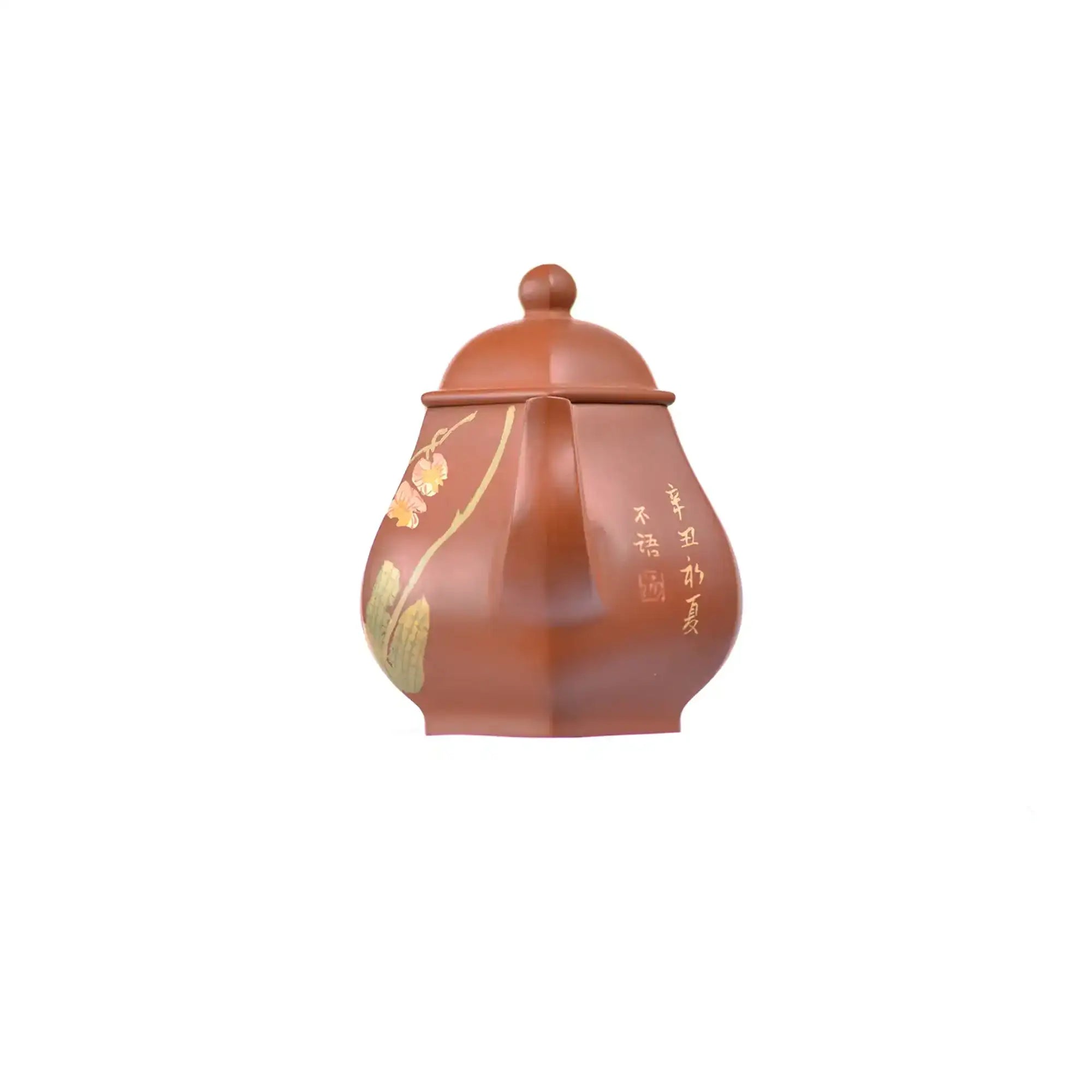 Front view of PorSva No.54 hexagonal red clay teapot featuring yin-carved floral motif with clay inlay