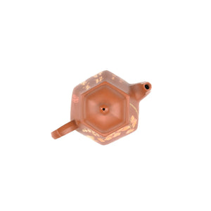 Top view of PorSva No.54 hexagonal red clay teapot showing six-sided lid structure
