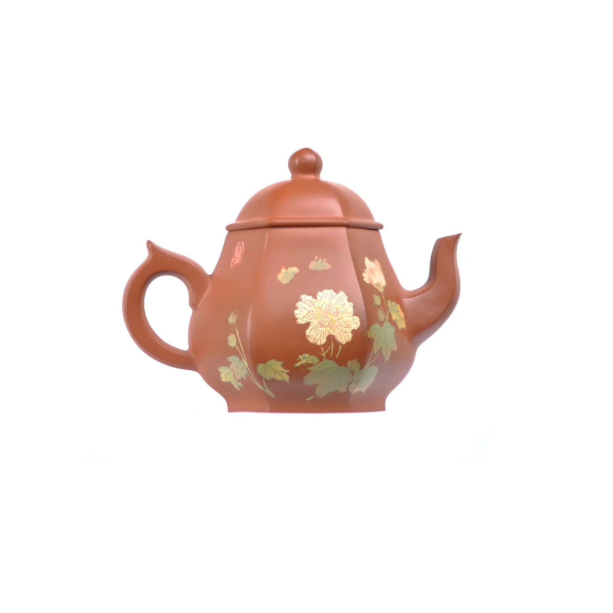 Right side view of PorSva No.55 hexagonal red clay teapot showing detailed floral carving