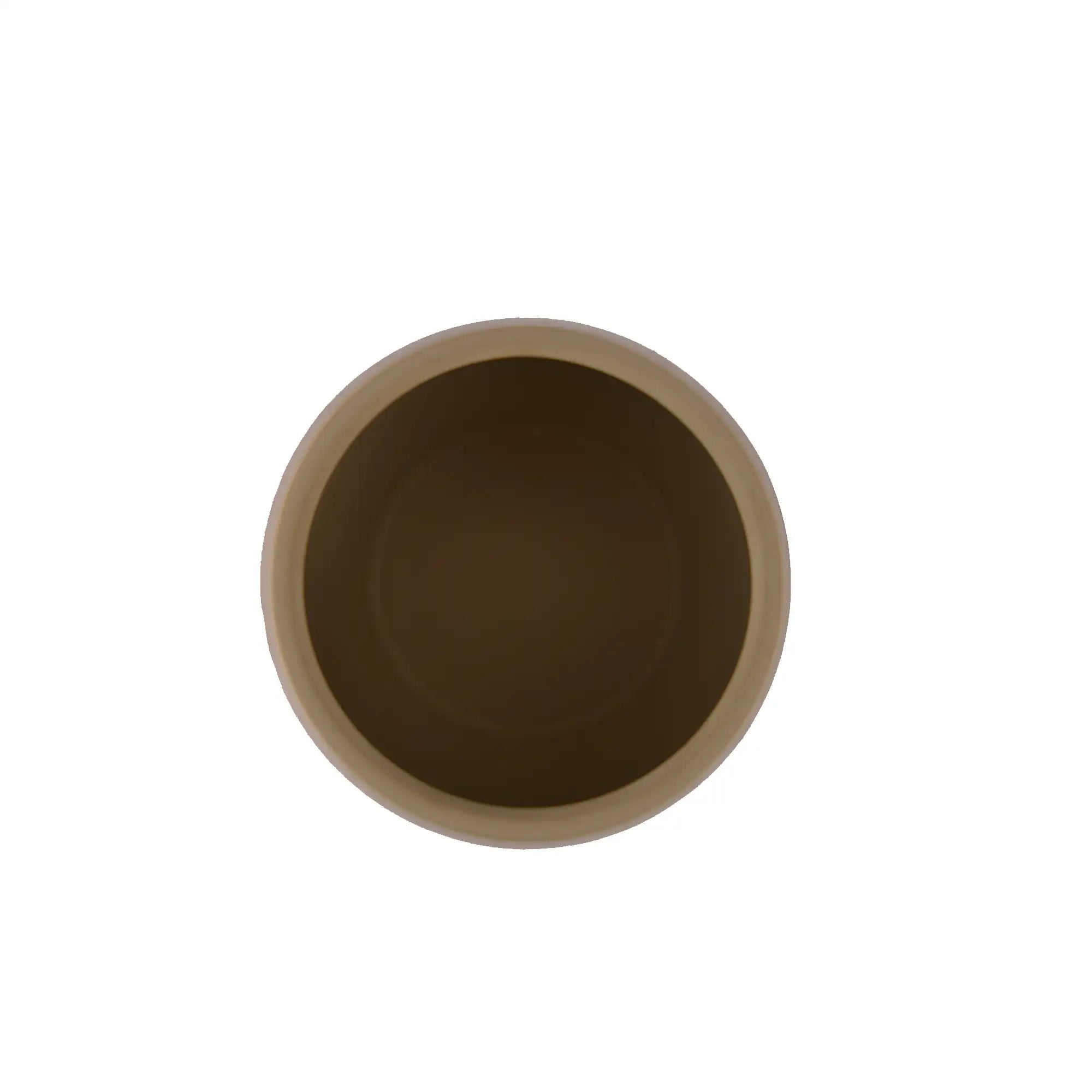 Interior top-down view of a handmade unglazed pottery tea canister with a smooth burnished interior.