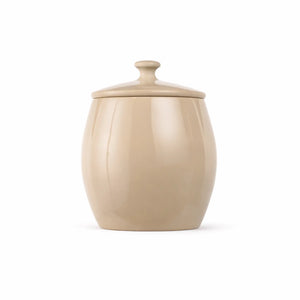 Back view of a handmade unglazed pottery tea canister with a smooth burnished finish.
