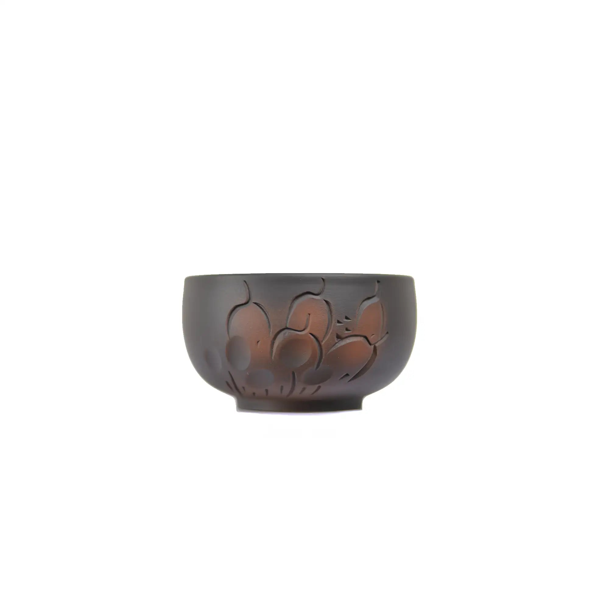 Jianshui zitao black cup with line-carved floral pattern and smooth matte finish
