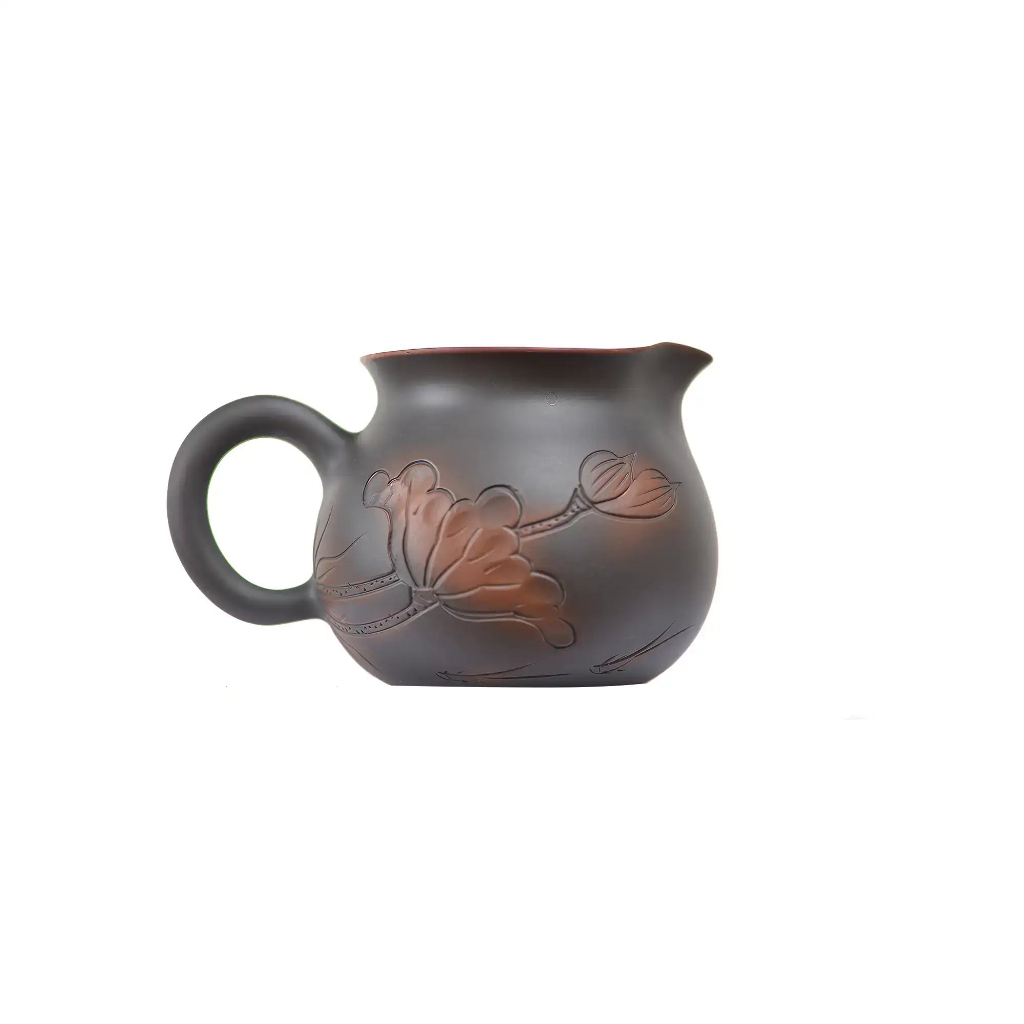 Side view of a Jianshui zitao fairness pitcher (gongdao cup) featuring hand-carved lotus details and a curved handle