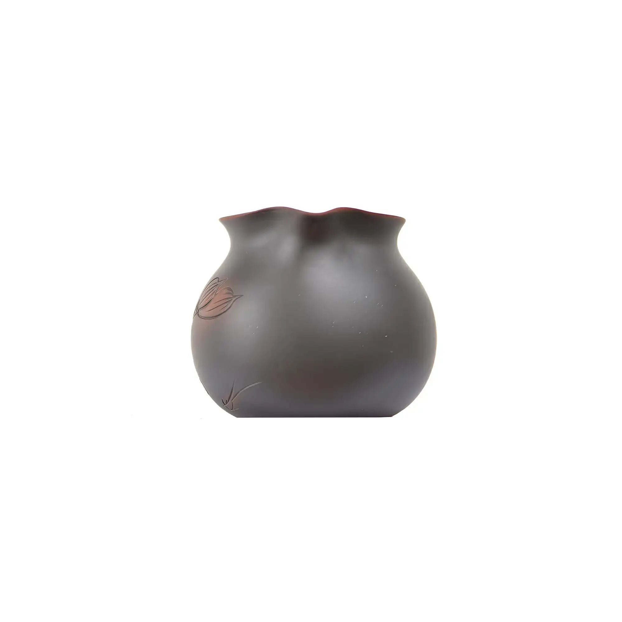 Front view of a Jianshui zitao fairness pitcher (gongdao cup) highlighting the pouring spout and balanced silhouette