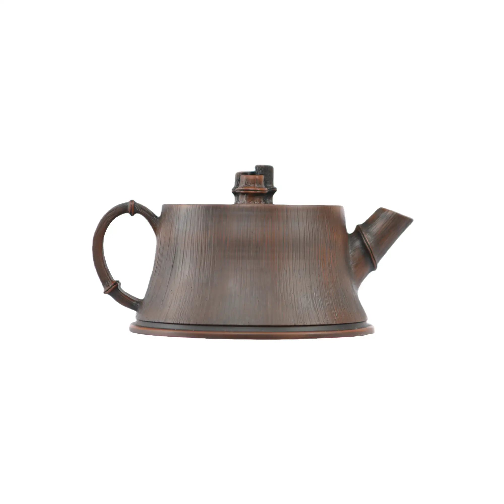 Jianshui zitao teapot featuring organic root-art form with bamboo-like surface texture, side view.