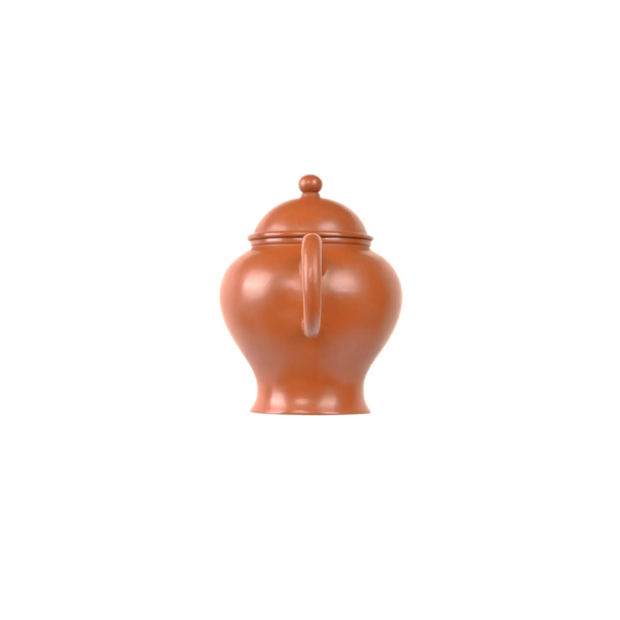Jianshui zitao red clay teapot with smooth unadorned body, back view.