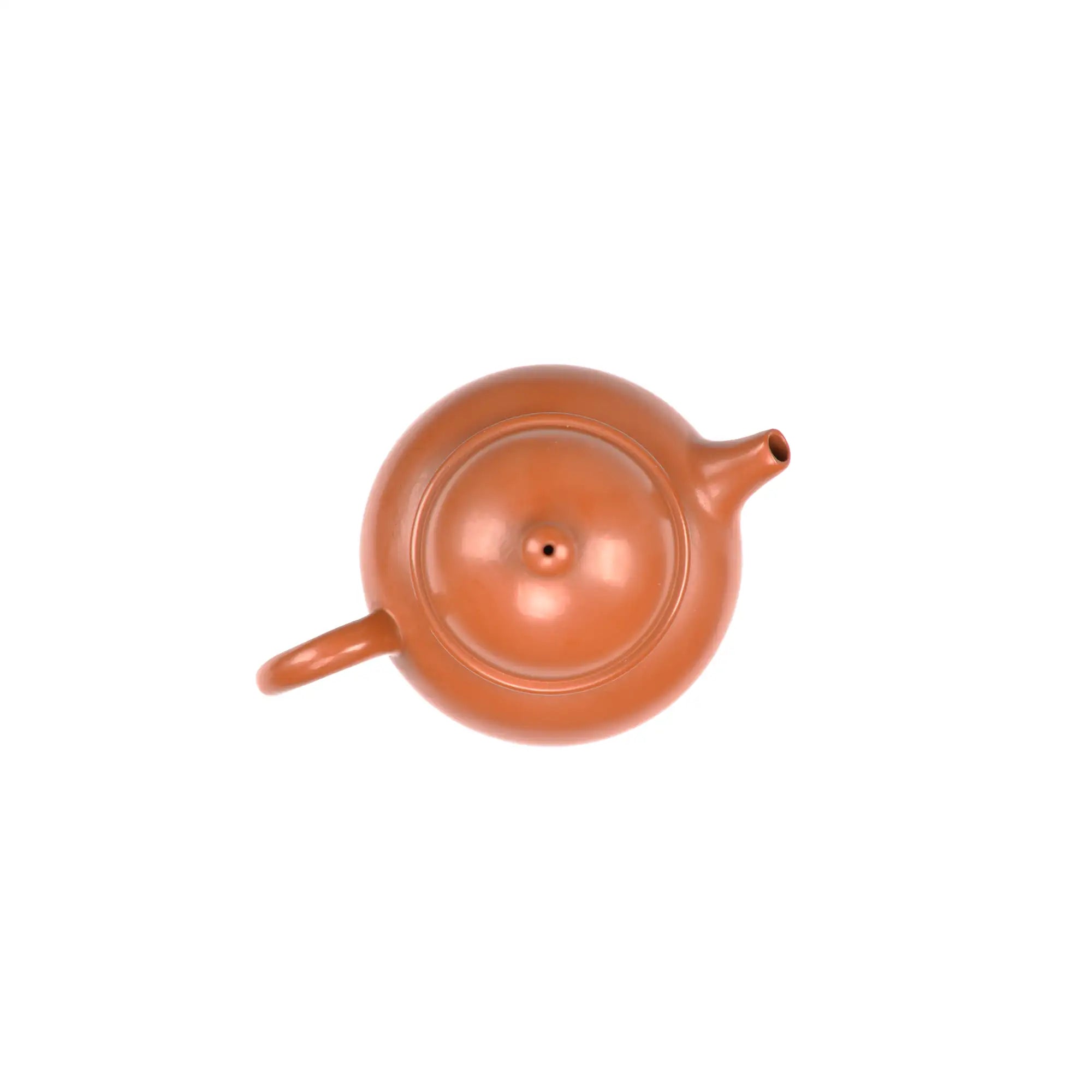 Jianshui zitao red clay teapot, top view showing lid and spout alignment.