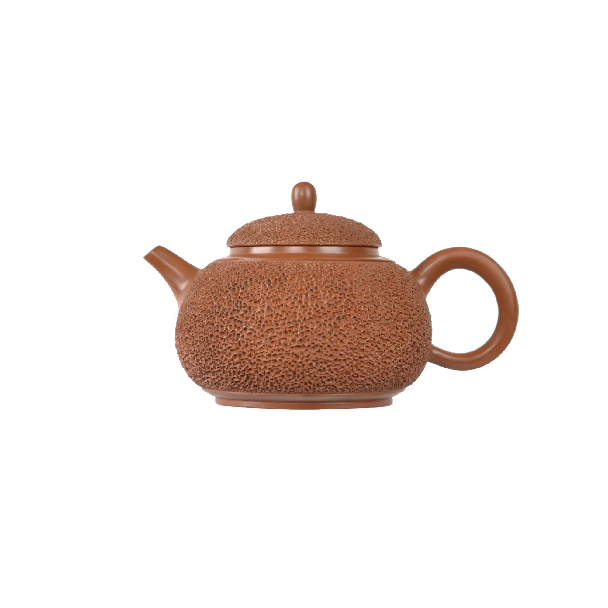 Jianshui zitao red clay teapot with needle-punctured ice-smoke texture, side view.
