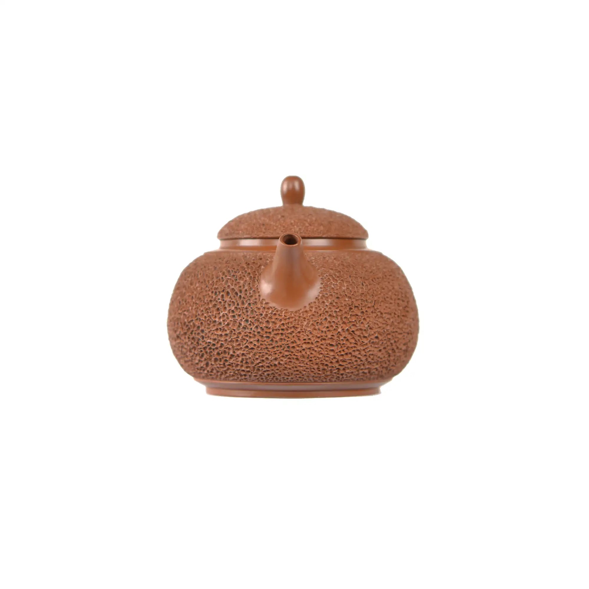 Jianshui zitao red clay needle-textured teapot, front view with spout.