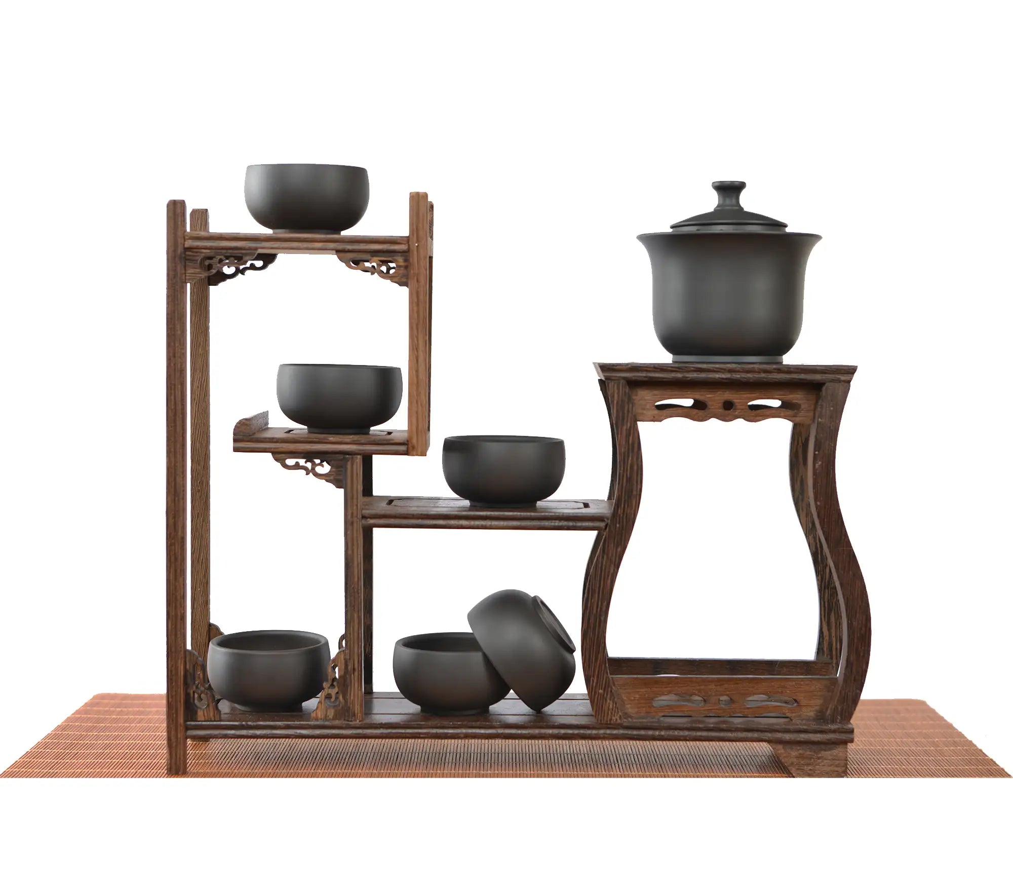 Handcrafted black pottery gaiwan tea set with finger-grip lid and built-in filter holes, displayed with six matching cups on a wooden tea stand.