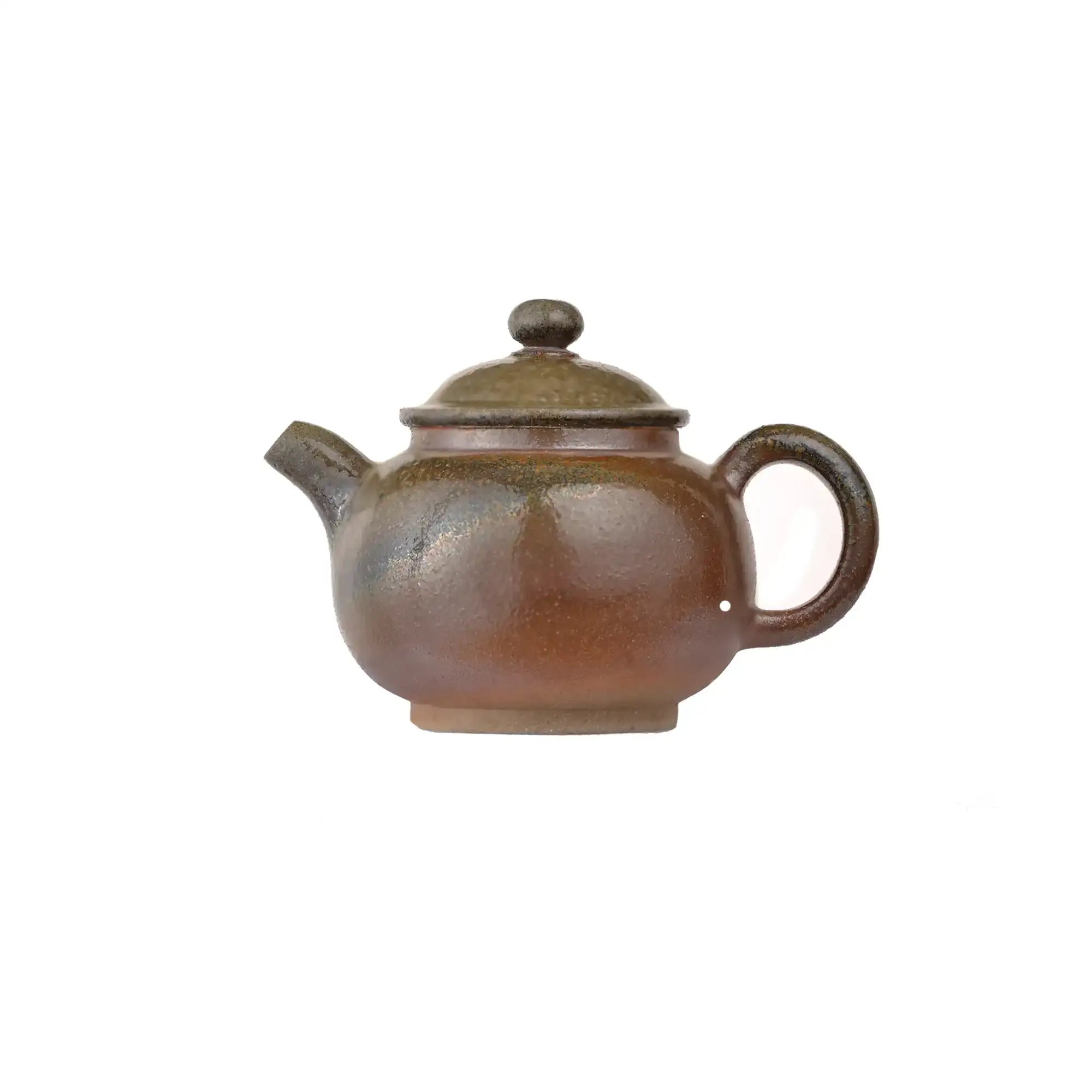 Jianshui zitao wood-fired teapot with flowing natural ash patterns formed in the kiln, side view